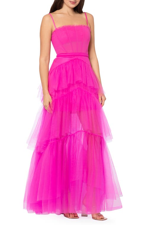 Betsy & Adam Tiered Tulle Ruffle Gown in Hot Pink