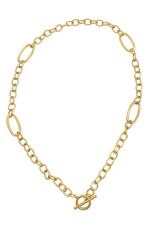 Water Resistant 14K Yellow Gold Plated Stainless Steel Mixed Link Chain Toggle Necklace