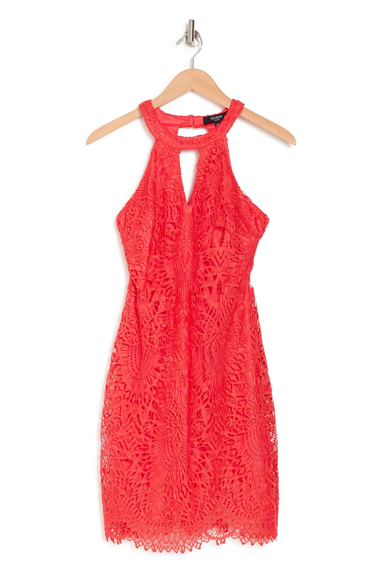 Guess Keyhole Sleeveless Lace Mini Dress In Coral