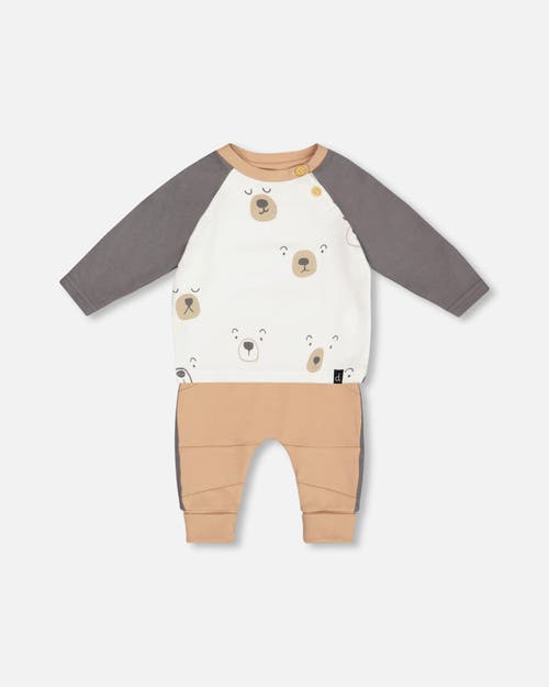 Shop Deux Par Deux Baby Boy's Organic Cotton Top With Pant Set Nougat With Printed Bears Face In Sesame