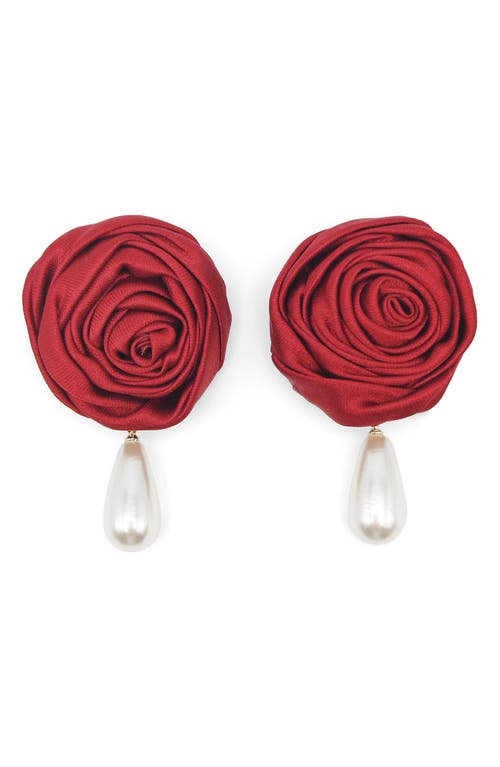 Rosette Imitation Pearl Drop Earrings in Crimson
