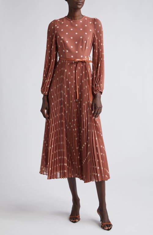 Zimmermann Sunray Long Sleeve Pleated Midi Dress In Aragon/cream Dot