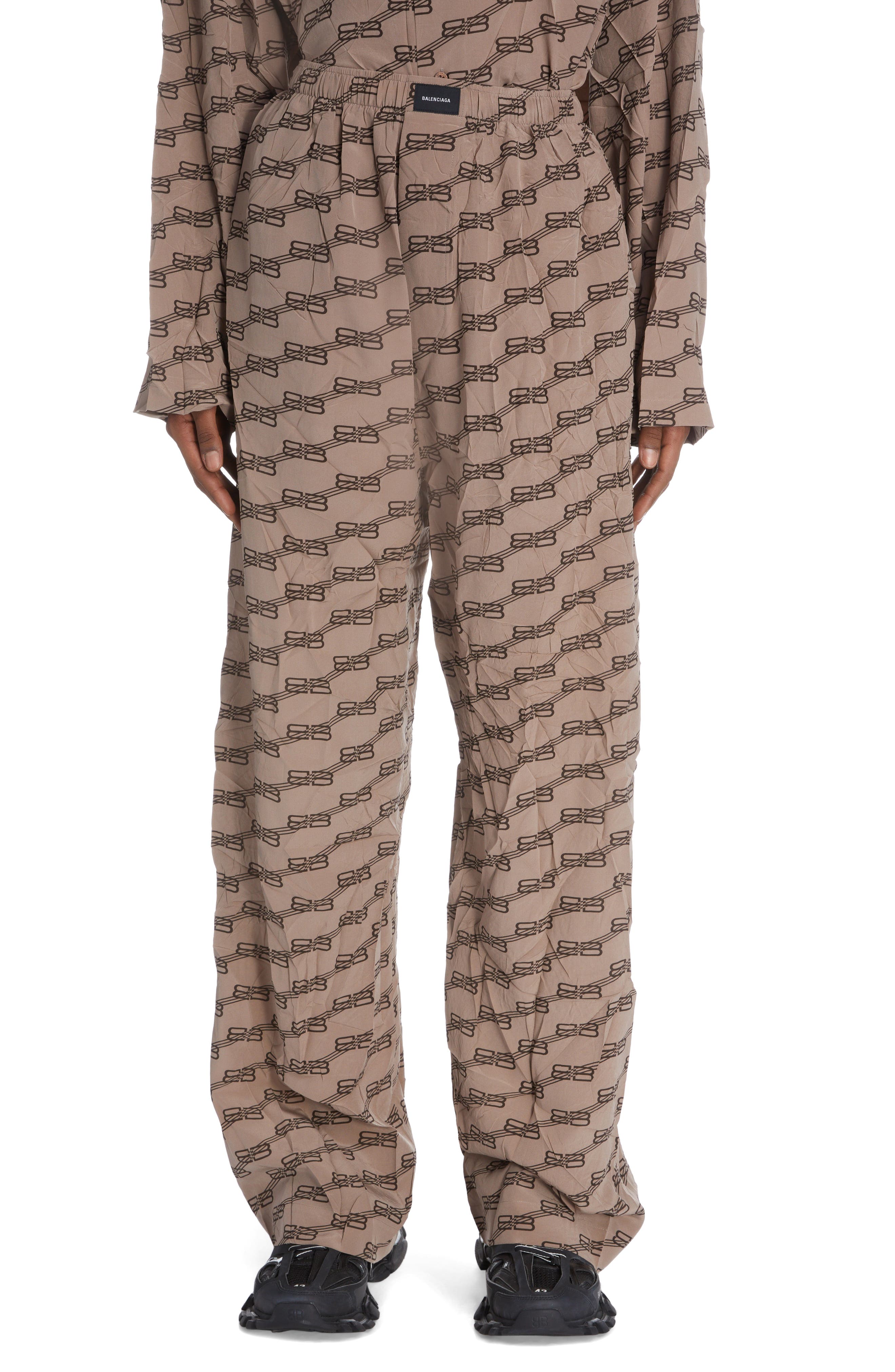 Balenciaga BB Monogram Silk Crepe Pajama Pants in Beige