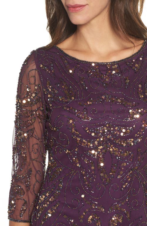 Shop Pisarro Nights Illusion Sleeve Beaded A-line Gown In Plum