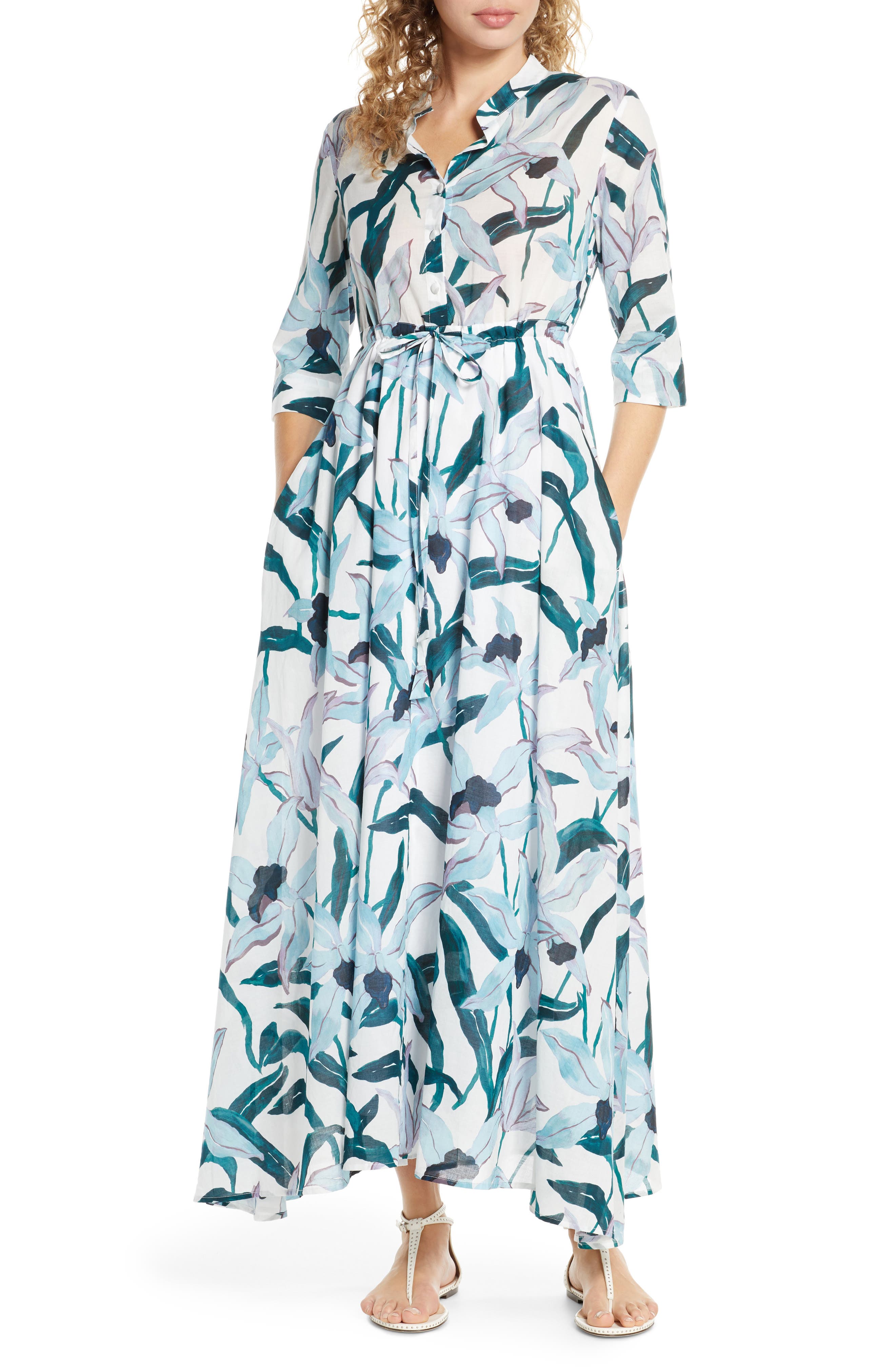 Tory Burch Print Cover-Up Maxi Shirtdress, Blue