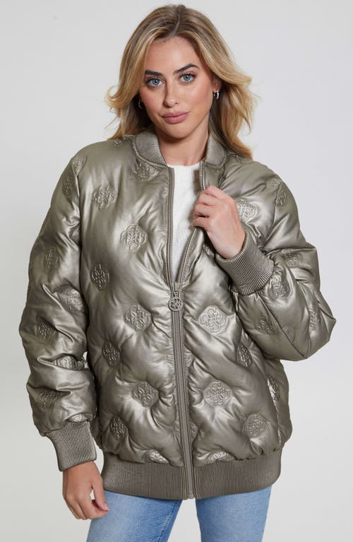 Shop Guess Marianne Peony Metallic Faux Leather Quilted Bomber In Metallic Bronze Logo