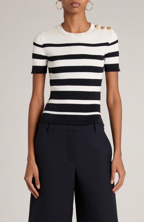 Shop Valentino Garavani Stripe Button Detail Short Sleeve Sweater In Navy/avorio