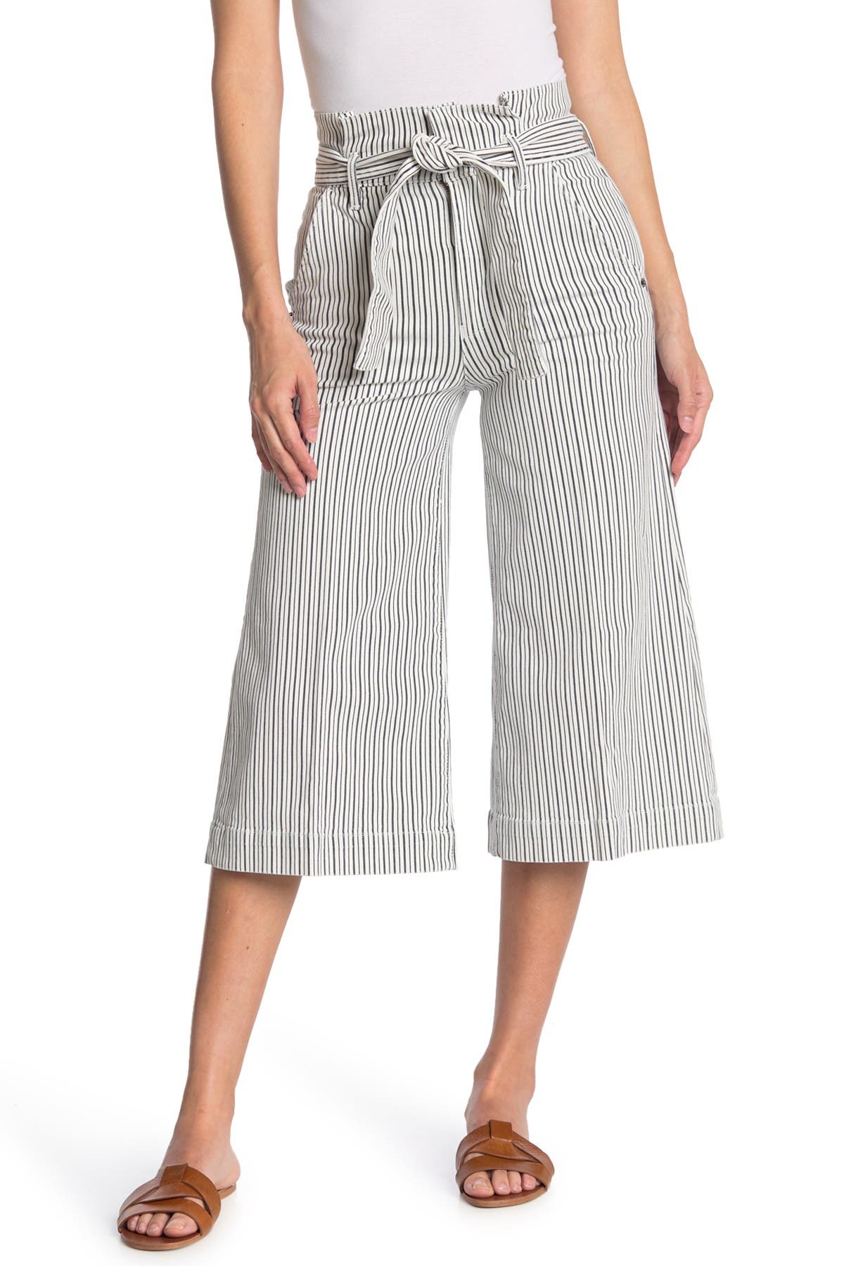Frame Stripe Waist Belt Pleated Culotte Pants In Blanc Mult