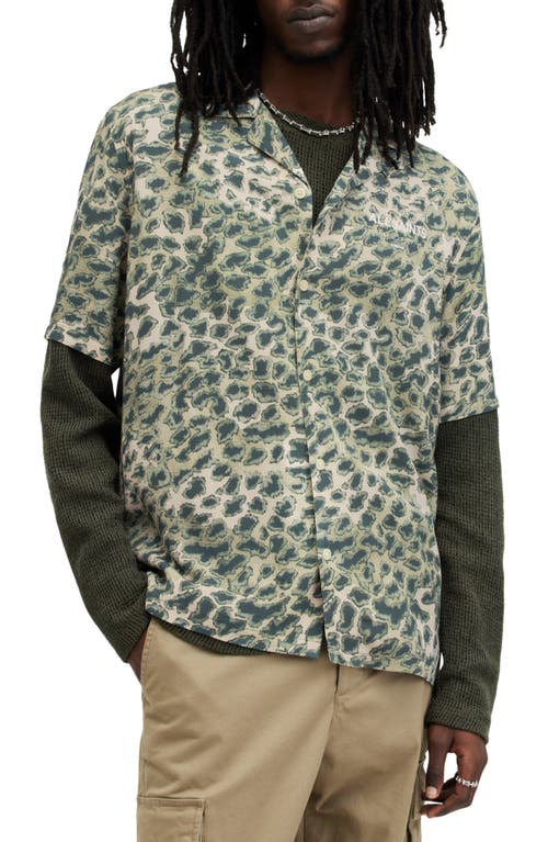AllSaints Underground Relaxed Fit Leopard & Camo Ripstop Camp Shirt Ash Khaki Green at Nordstrom,