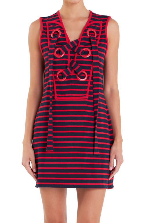 English Factory Stripe Lace-up Shift Dress In Navy/red