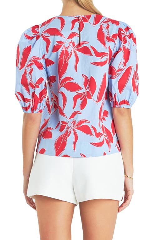 English Factory Leaf Print Puff Sleeve Cotton Top In Blue Multi