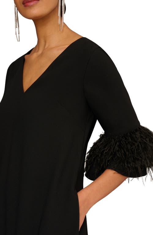 Aidan Mattox Feather-sleeve Crepe Trapeze Dress In Black