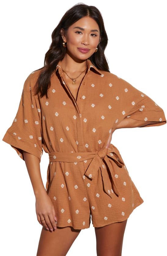 Shop Vici Collection Fallon Tie Belt Seersucker Romper In Camel