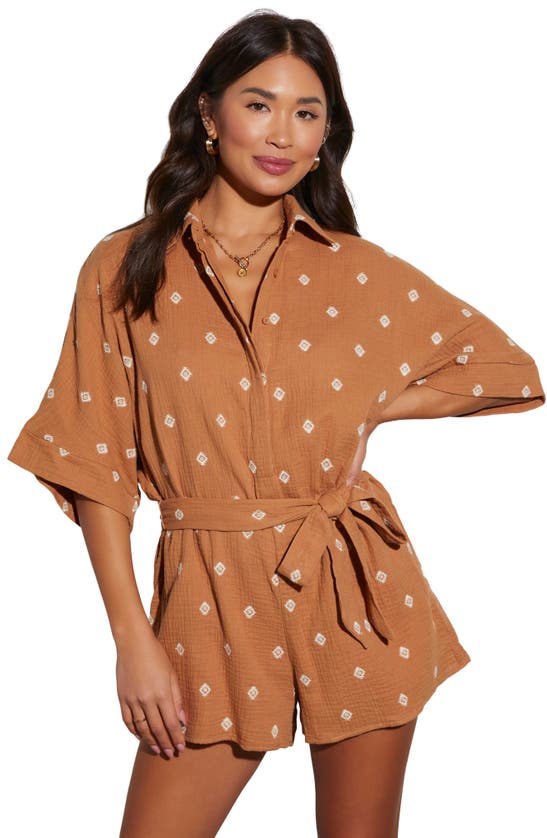 Vici Collection Fallon Tie Belt Seersucker Romper In Camel