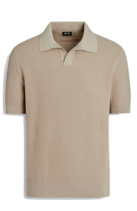 Shop Zegna Waffle Knit Premium Cotton Polo Sweater In Iuta Beige