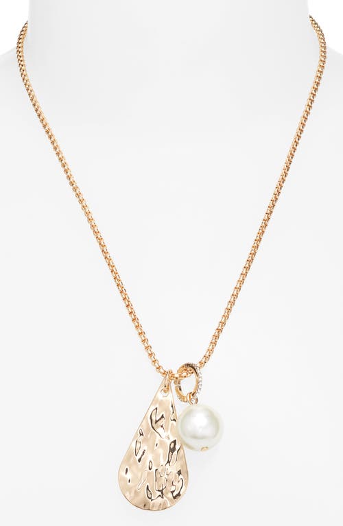 Shop Open Edit Molten Teardrop & Faux Pearl Pendant Necklace In White/gold