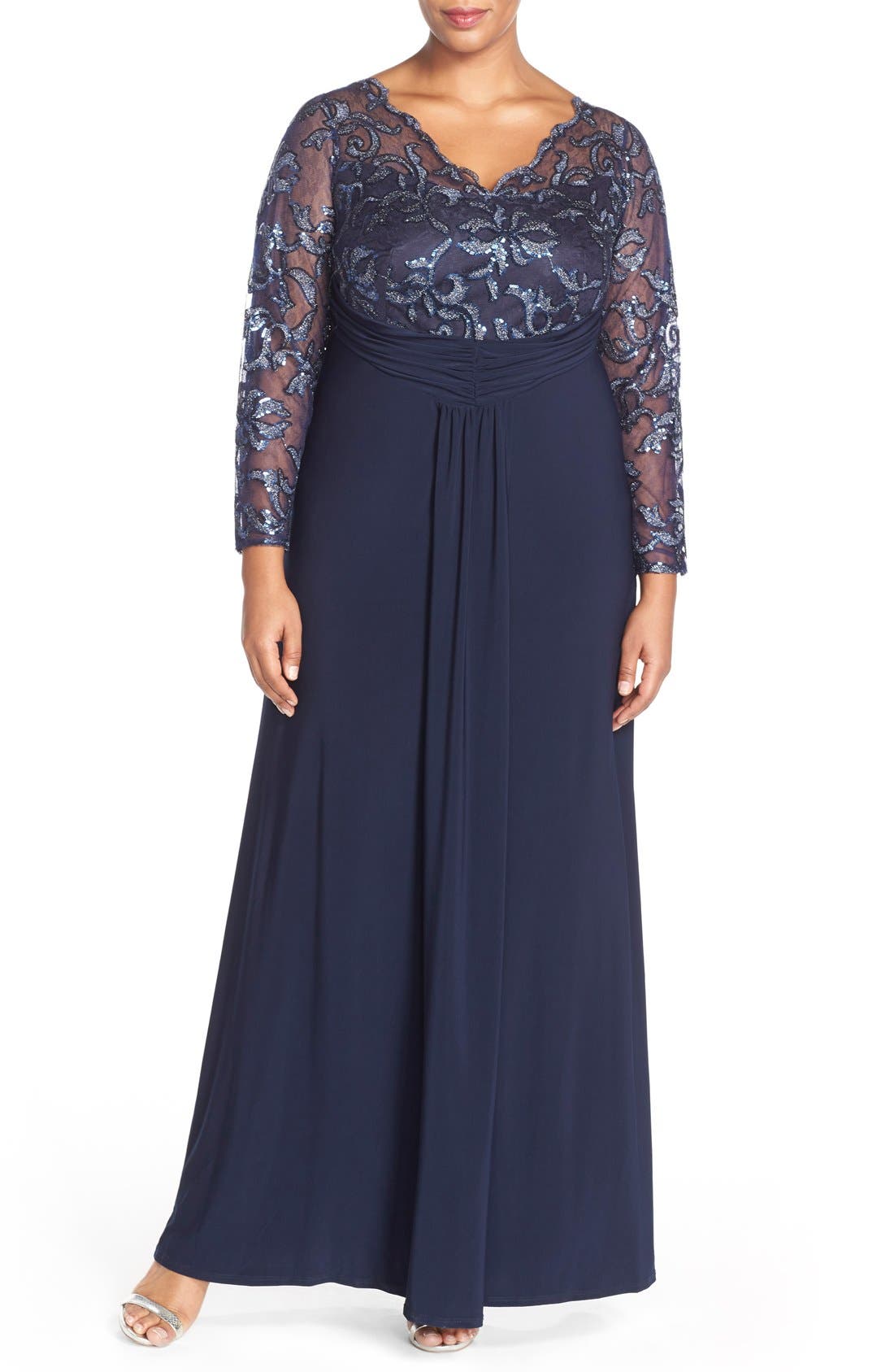 Marina Sheer Beaded Lace Sleeve Gown (Plus Size) Nordstrom