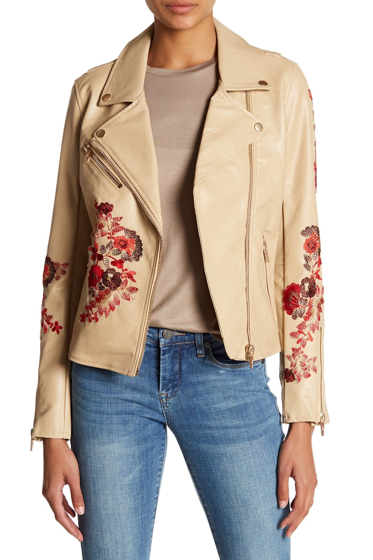 BLANKNYC Denim Floral Embroidery Faux Leather Moto Jacket Nordstrom