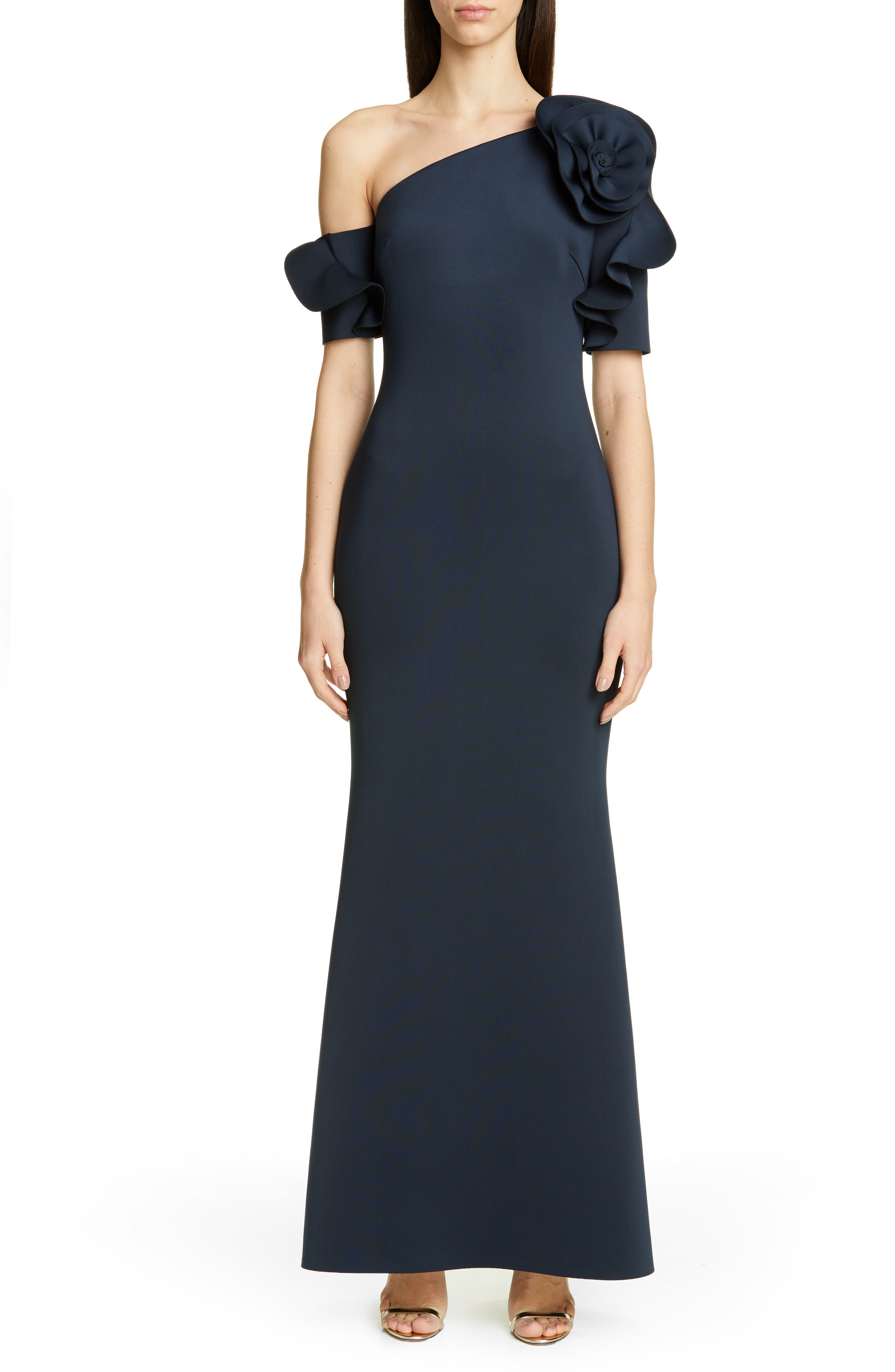 Badgley Mischka One-Shoulder Trumpet Evening Dress, Blue