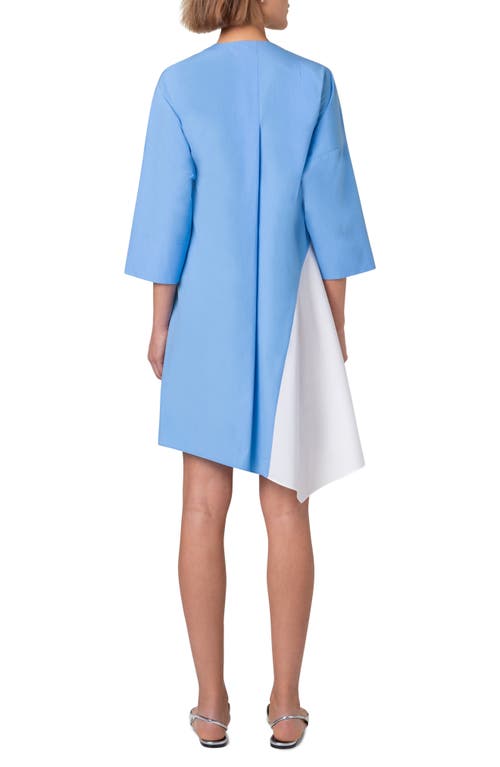 Akris Punto Colorblock Inset Bracelet-sleeve Cotton Poplin Mini Shirtdress In Sky-cream
