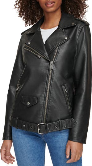 Belted Faux Leather Moto Jacket - Black