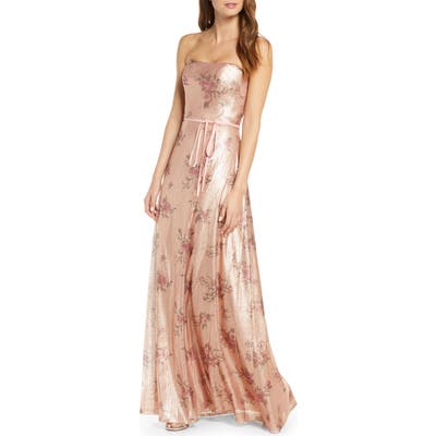Marchesa Notte Strapless Print Sequin Bridesmaid Gown, Pink
