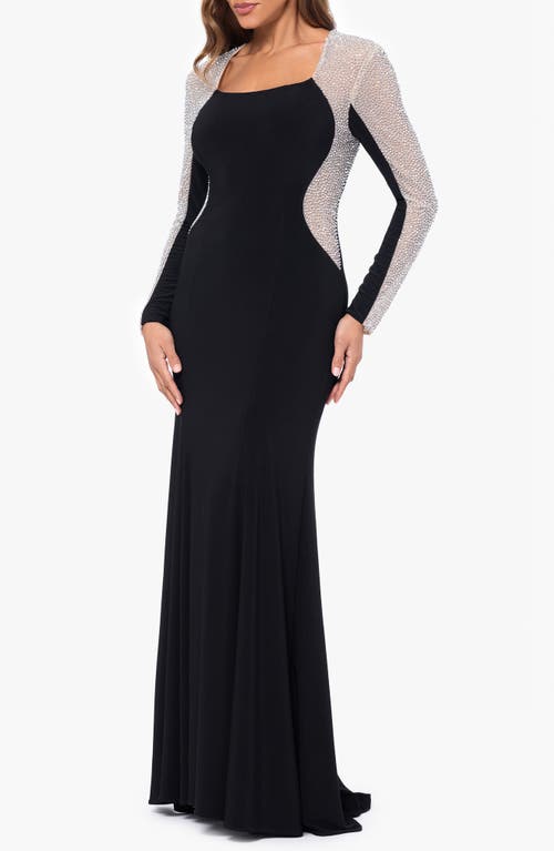 Shop Xscape Evenings Rhinestone Detail Long Sleeve Gown In Black/nude/silver