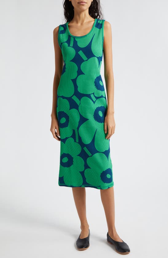 Shop Marimekko Simpukka Unikko Rib Floral Cotton Tank Dress In Green Blue