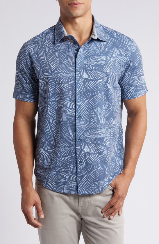 Shop Fundamental Coast Wilshire Sagebrush Leaf Print Short Sleeve Stretch Button-up Shirt In Maui Blue