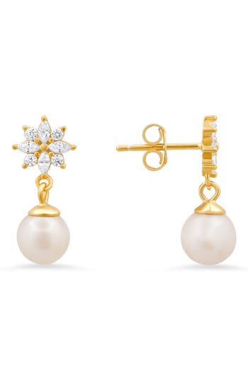 Queen Jewels Dangling Freshwater Pearl & Cubic Zirconia Floral Drop Earrings In Gold