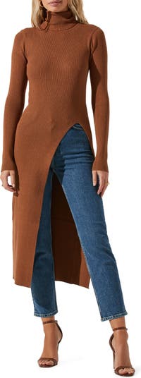 Turtleneck Long Tunic With High Slit, Front Slit Top, Plus Size