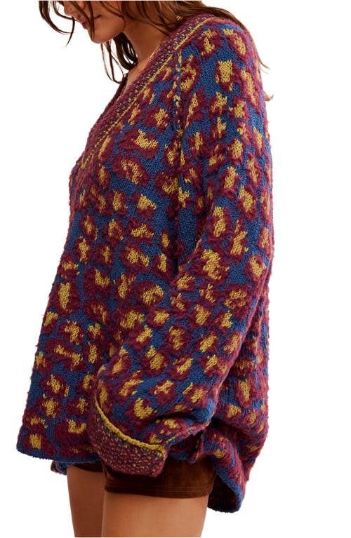 Free People Animal Pattern Tunic Sweater In Blue Fig Combo
