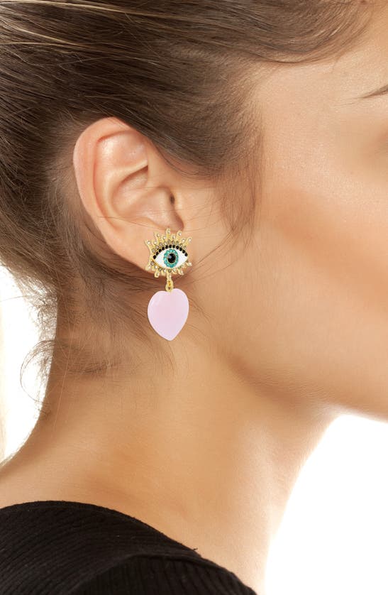 Shop Kurt Geiger Quartz Heart Evil Eye Drop Earrings In Pink