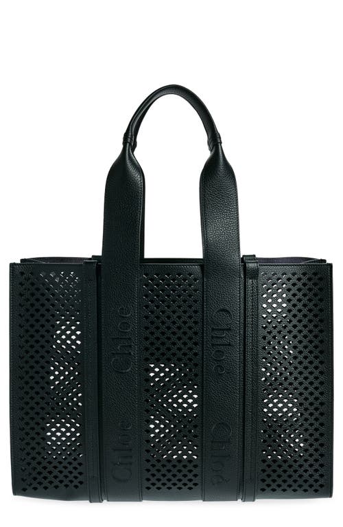 Chloé Large Woody Perforated Leather Tote in Black