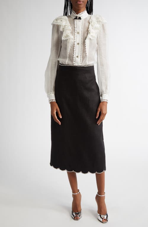 Shop Zimmermann Crystal Embellished Scalloped Linen Midi Skirt In Black