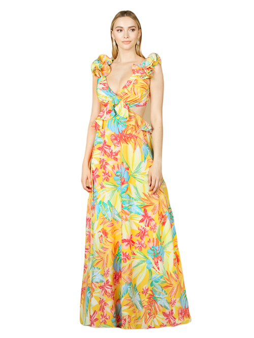 Shop Lara New York V-neck Long Print Gown With Ruffled Straps In Yellow