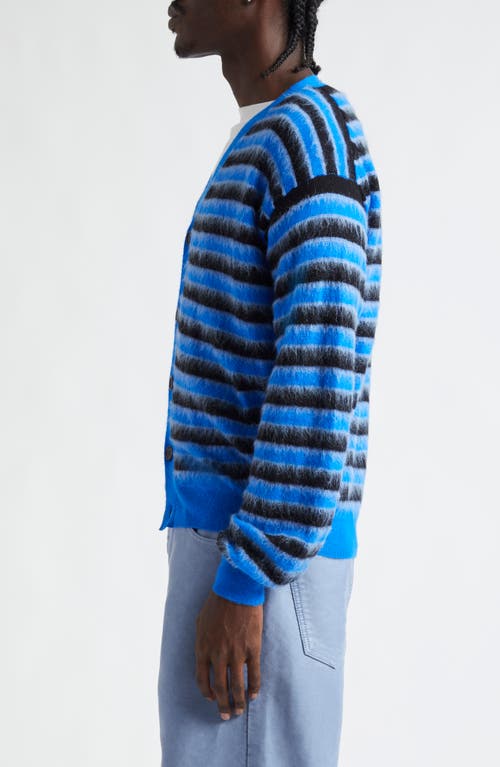 Shop Marni Stripe V-neck Mohair & Wool Blend Cardigan In Bright/blue