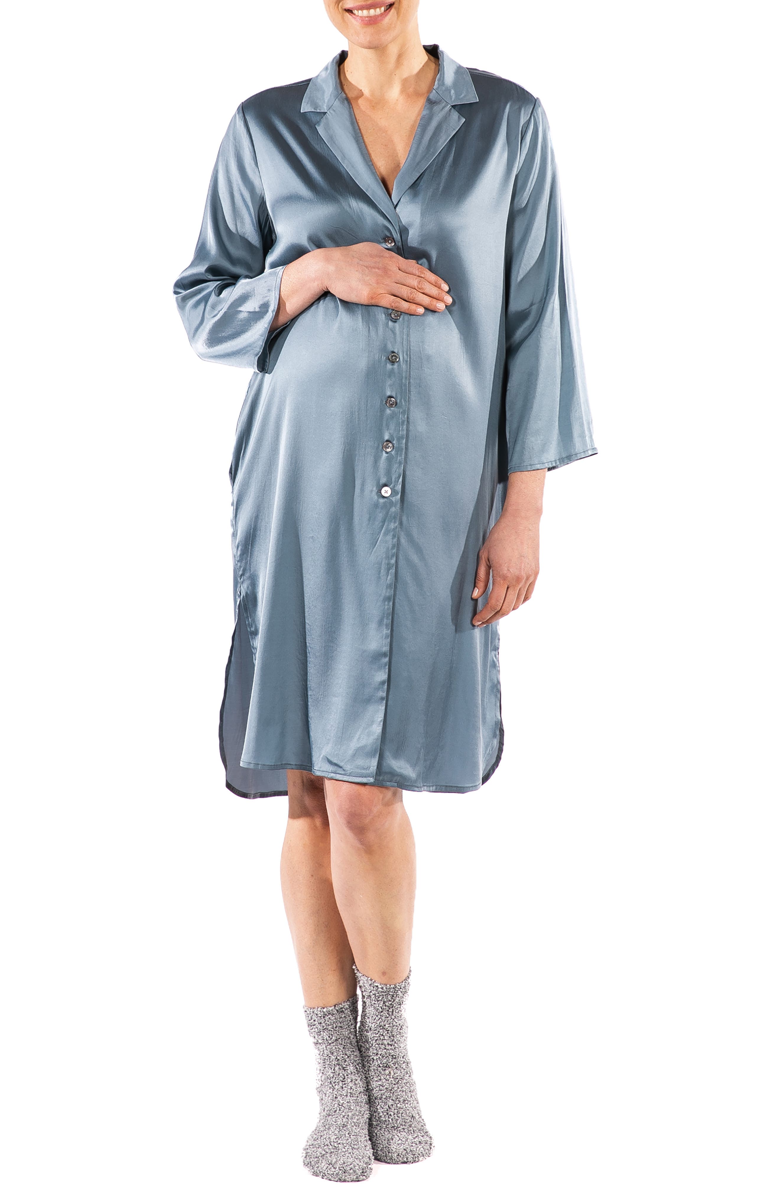 Loyal Hana Paloma Maternity/Nursing Pajama Shirtdress in Blue at Nordstrom