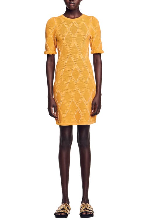 sandro Embellished Open Stitch Mini Sweater Dress in Ochre at Nordstrom, Size 0