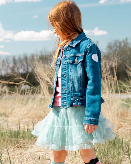 Shop Deux Par Deux Girl's Stretch Denim Jacket With Unicorn In Navy Denim