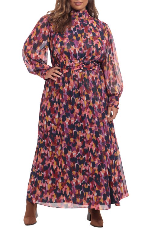 Donna Morgan Abstract Print Long Sleeve Maxi Dress in Soft White/Raspberry
