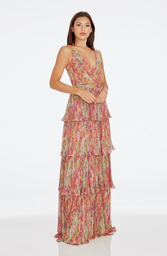 Dress The Population Lorain Abstract Print Metallic Tiered Gown In Bright Fuchsia Multi