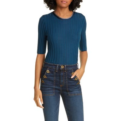 Veronica Beard Delilah Metallic Trim Merino Wool Sweater, Blue