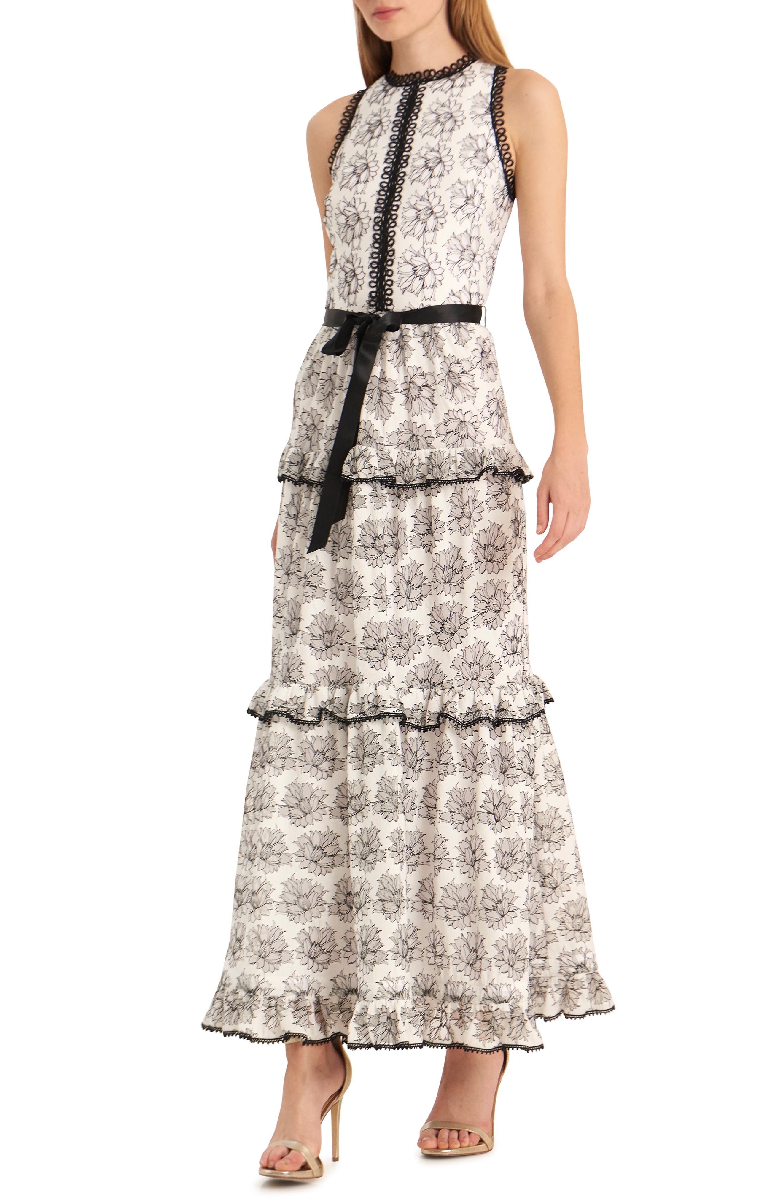 Ml Monique Lhuillier Ruffle Tiered Evening Gown, White