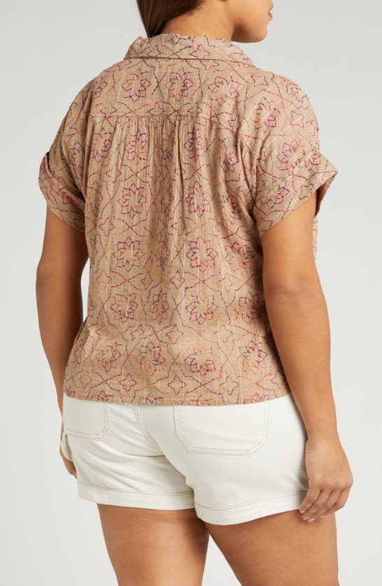 Shop Wit & Wisdom Embroidered Floral Short Sleeve Woven Top In Mocha Multi