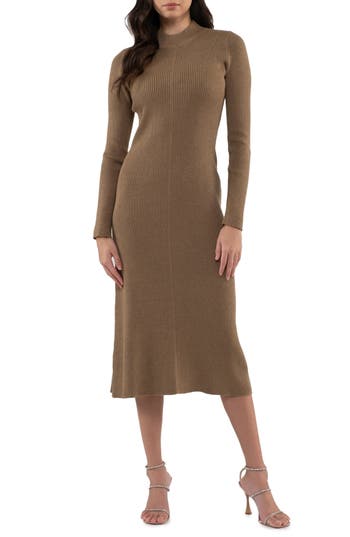 August Sky Shimmery Ribbed Long Sleeve Midi Sweater Dress In Mocha