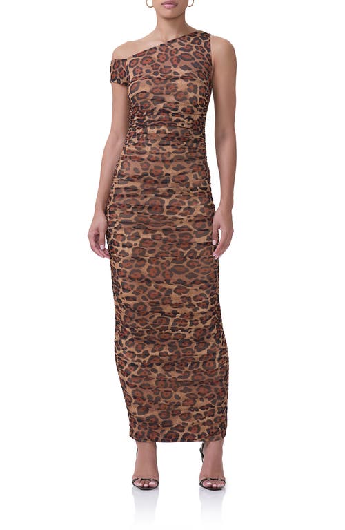 Shop Afrm Biona One-shoulder Ruched Mesh Maxi Dress In Cocoa Leopard