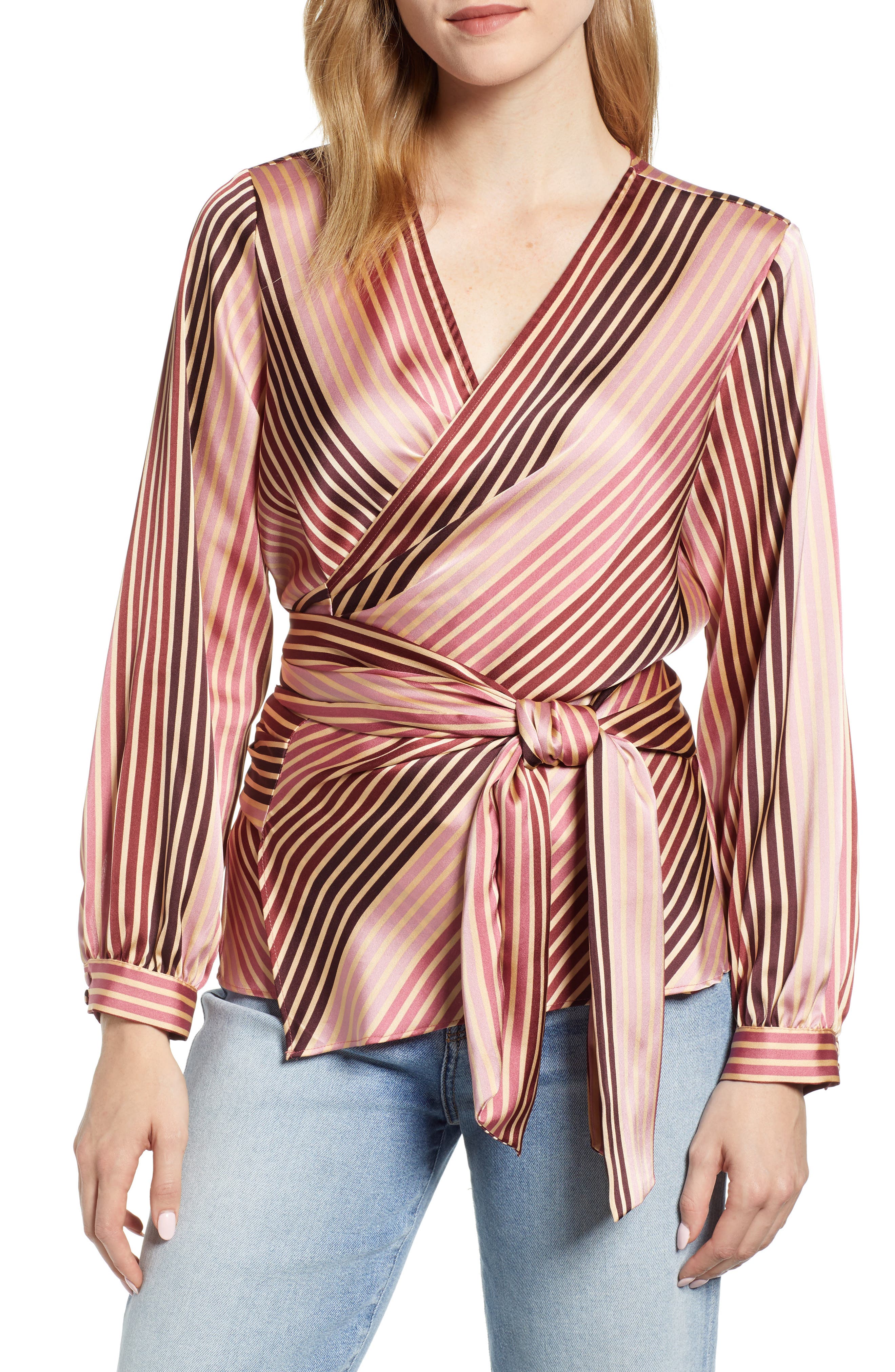 Vince Camuto Stripe Soirée Satin Wrap Top | Nordstrom