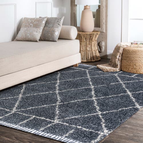 Jonathan Y Mercer Shag Plush Tassel Moroccan Geometric Area Rug In Blue/cream