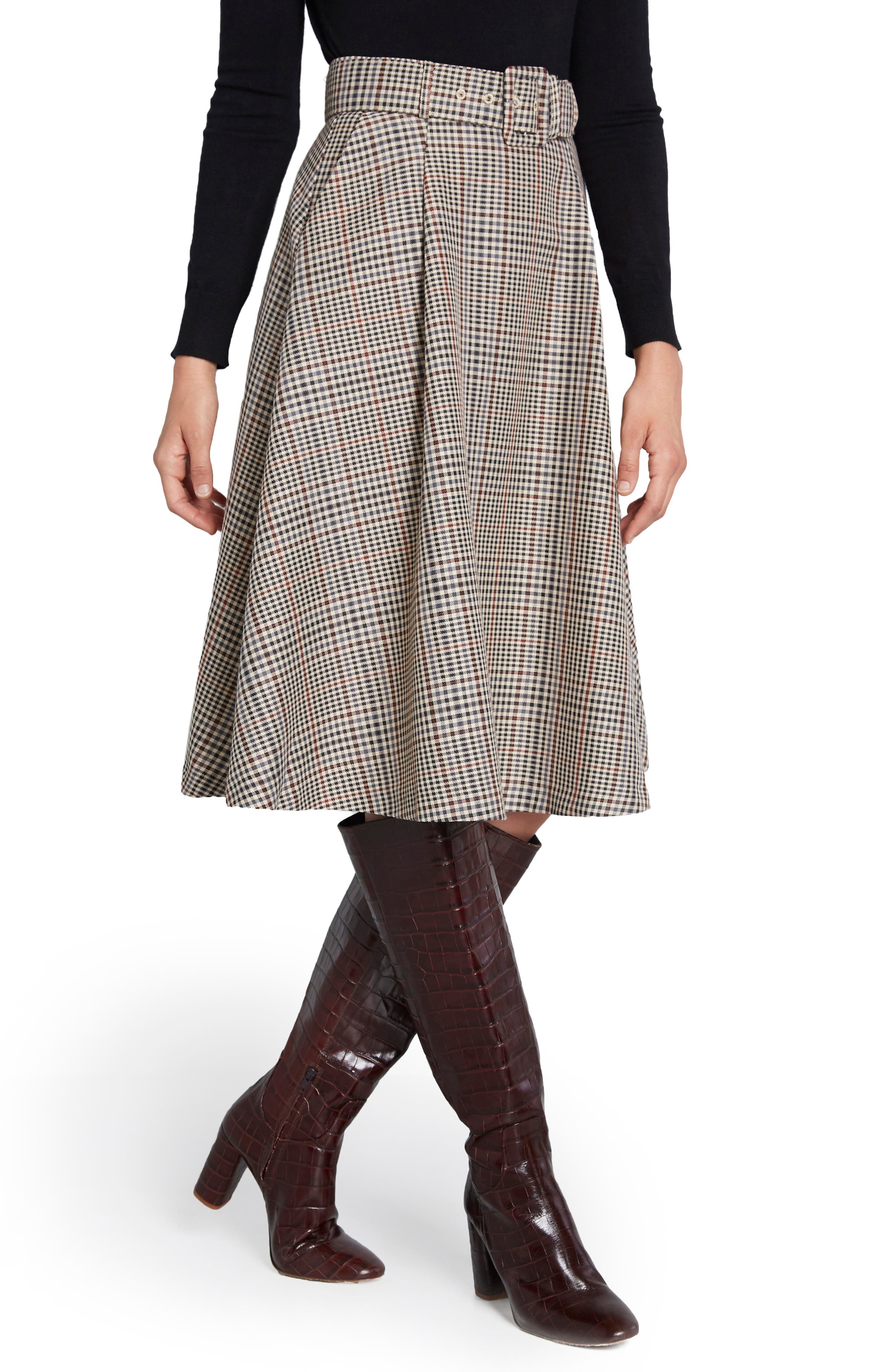 brown plaid skirt knee length